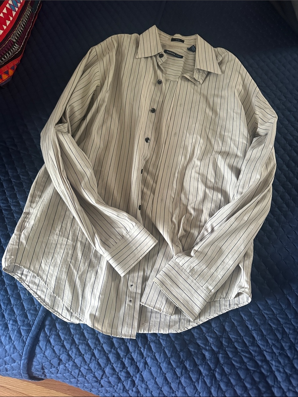 Van Heusen Light Beige Button-Front Shirt Jacket with Navy Pinstripes